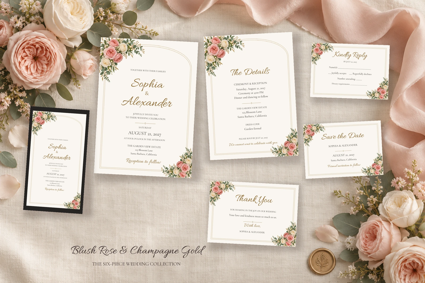 Blush Rose wedding suite with its six coordinated designs