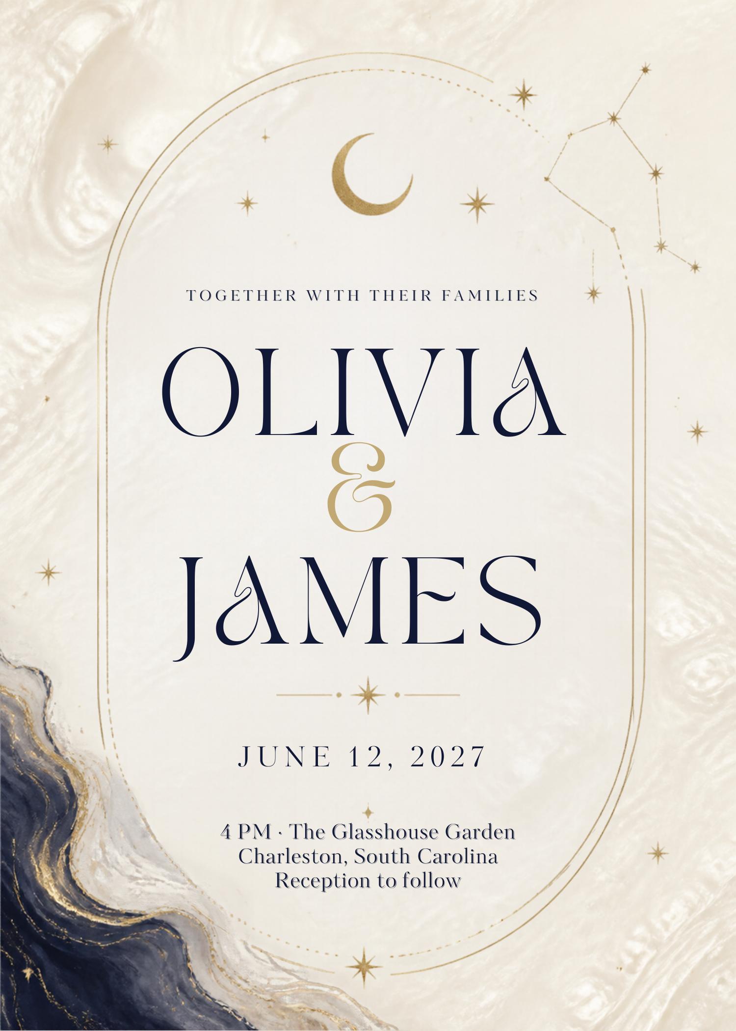 Full Celestial Pearl wedding invitation exported from the Canva design. Illustrative names and event wording.