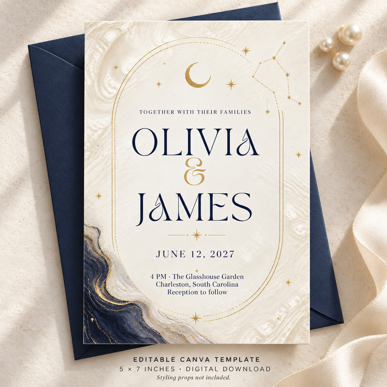 Celestial Pearl wedding invitation on a navy envelope with pearls and ivory ribbon. Digital Canva template; styling props not included.