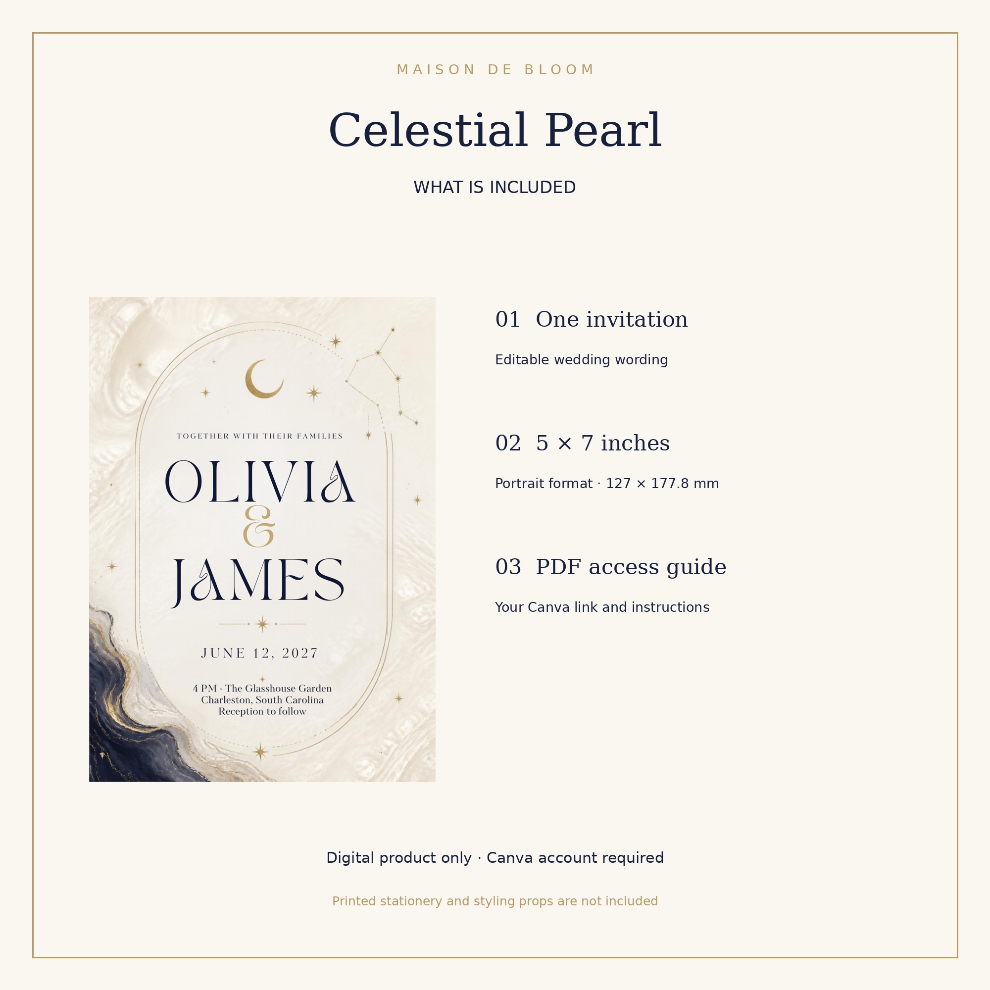One editable 5 by 7 inch invitation and a PDF Canva access guide. Digital product only.