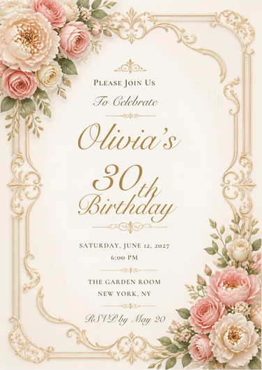 Champagne Birthday luxury 30th birthday invitation, elegant digital stationery by Maison de Bloom