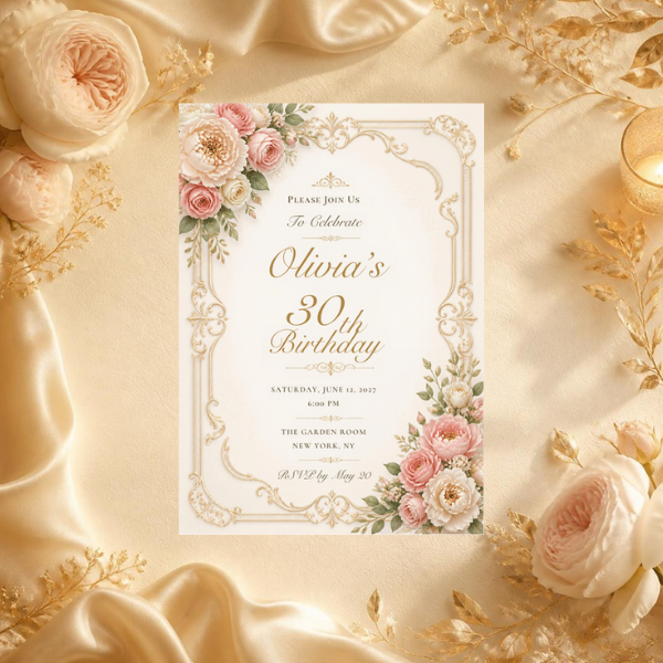 Champagne Birthday elegant milestone birthday invitation mockup with blush roses and champagne satin