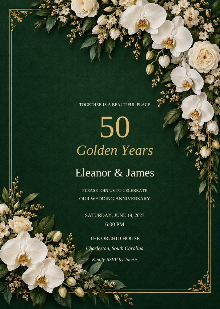 Golden wedding anniversary invitation with ivory orchids and gold-colored frame on deep emerald green