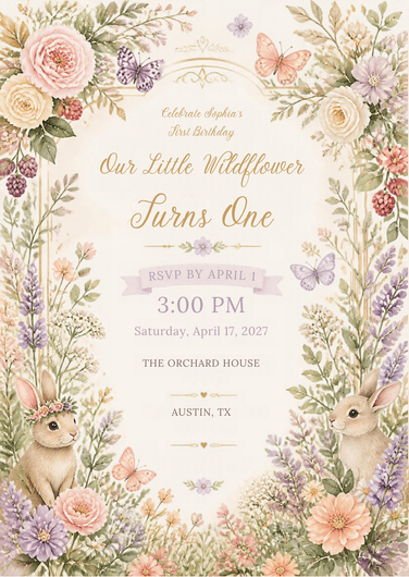 Enchanted Garden floral first birthday invitation for a child's celebration by Maison de Bloom