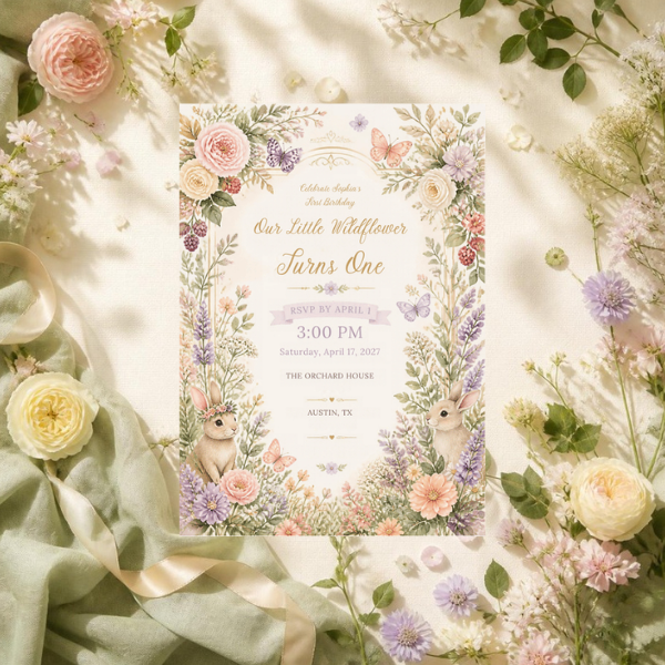 Enchanted Garden first birthday invitation displayed unchanged in a premium pastel floral garden setting
