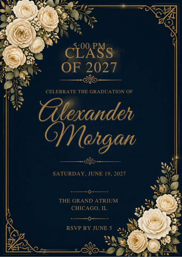 Golden Milestone refined graduation party invitation, Maison de Bloom
