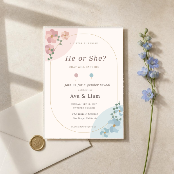 Joyful Reveal digital invitation shown on an ivory card with a champagne wax-seal envelope and blue delphinium on pale stone