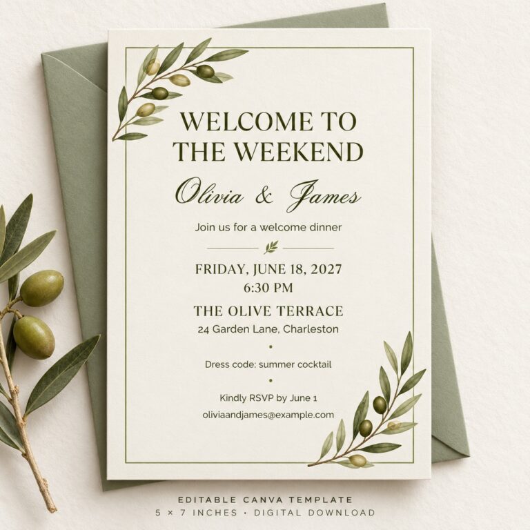 Complete Olive & Ivory welcome dinner invitation on a sage envelope, editable Canva template, digital download.
