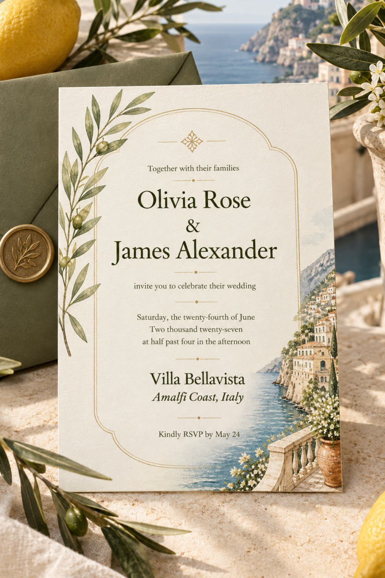Riviera Vows — elegant Amalfi Coast editable wedding invitation template by Maison de Bloom