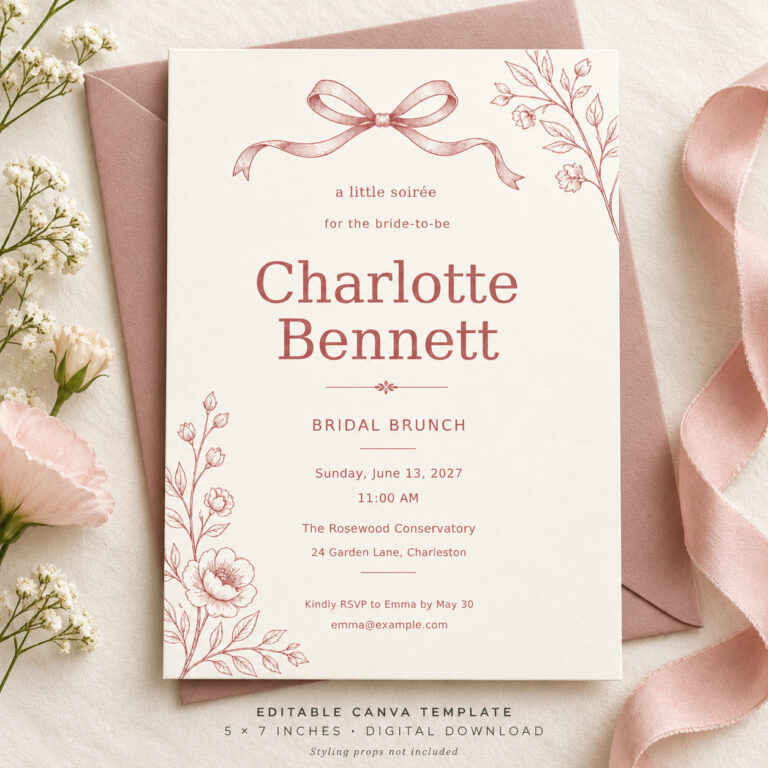 Rosewater & Ribbon bridal brunch invitation styled on a blush envelope with ribbon and flowers; digital template only, styling props not included.