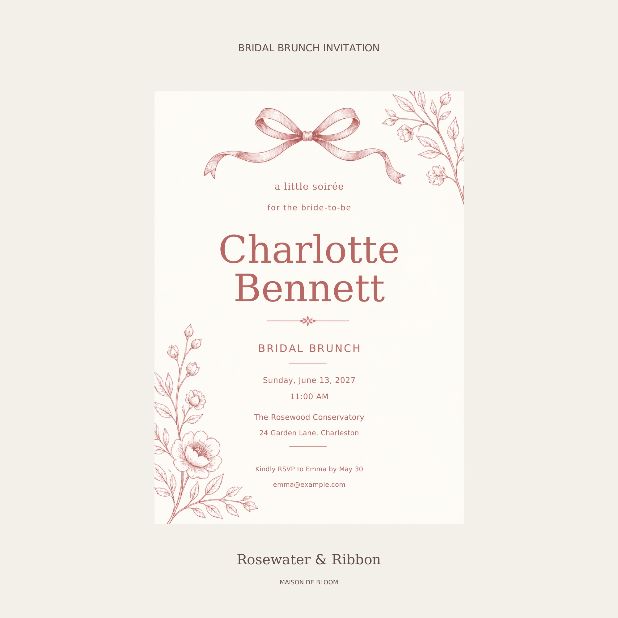 Full blush bow and botanical bridal brunch invitation on ivory, clearly labelled Bridal Brunch Invitation.