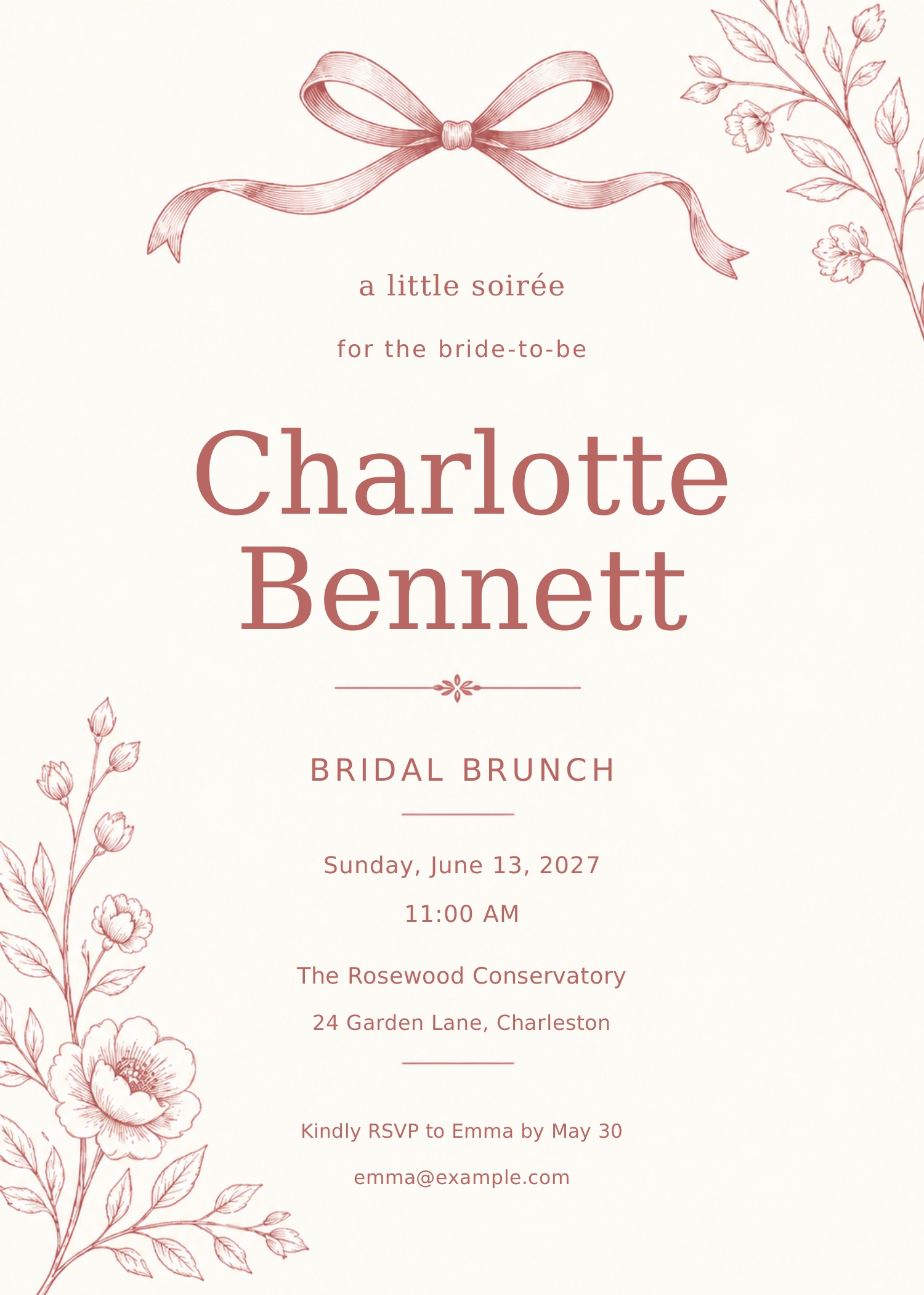 Full front view of the Rosewater & Ribbon bridal brunch invitation with sample name, date, venue and RSVP wording.